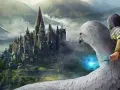 Un hipogrifo con un mago a bordo vuela hacia el castillo de Hogwarts, quizás buscando a quien fundo Hogsmeade.