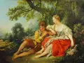 Un jeune homme joue de la flûte pour une jeune femme, entourés de roses et de moutons. Style rococo.