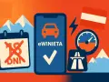 Grafika przedstawia telefon z napisem "eWINIETA", kalendarz z przekreślonym "18 DNI", flagę Austrii, prędkościomierz i symbol autostrady.