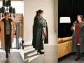 Kobieta w różnych stylizacjach plus-size: płaszcze, sukienka, sweter, spodnie.