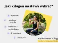 Kobieta w stroju sportowym pije napój z butelki, siedząc na ławce w parku. Obok lista cech kolagenu.