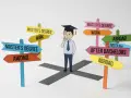 Ragazzo con tocco pensa a un bivio con cartelli: "Master's Degree", "Work", "Abroad", "After Bachelors". Si può fare un master senza laurea?