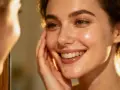 Un sourire radieux, une peau éclatante et des taches de rousseur. Elle se touche le visage, savourant le bien-être d'une peau hydratée en profondeur.