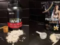 Jämförelse av whey 100 vs 80. En burk Optimum Nutrition Gold Standard 100% Whey och en påse Olga Rönnbergs Protein Havre.