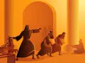Jesus, with a whip, drives out merchants from the temple. This scene illustrates why Jesus flipped tables, angered by the commercialization of sacred space.
