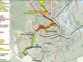 Mapa komunikacyjna z zaznaczonymi trasami, w tym 126 rozkład jazdy Banino. Kolorowe linie pokazują połączenia między dzielnicami.