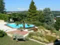 Piscine aux formes douces sur un terrain en pente, entourée de végétation luxuriante et d'une terrasse en bois.