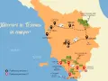 Mappa di itinerari in Toscana in macchina, con tappe a Lucca, Pisa, Firenze, Siena, Arezzo, Grosseto e la costa.