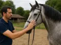 Un homme caresse la tête d'un magnifique cheval lusitanien gris, dans un manège.