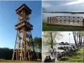 Wysoka, drewniana wieża widokowa Joanna góruje nad lasem. Obok jezioro z pomostem i plaża z ludźmi.