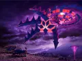 Gigantesco Pokémon con forma de estrella, con púas azules y rojas, flota sobre un paisaje montañoso púrpura. Tres Pokémon con cuernos observan.