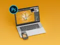 Nauka Photoshopa: tworzenie reklamy napoju na laptopie i telefonie.