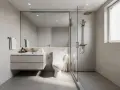 Salle de bain moderne avec une toilette suspendue, un lavabo flottant, une douche vitrée et un grand miroir.