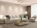 Elegancki salon w stylu art deco z białą sofą, złotym stolikiem kawowym i designerskimi lampami.