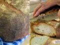 Krosses Brot mit Rissen, perfekt gebacken bei richtiger Temperatur. Ein Messer schneidet eine Scheibe ab.