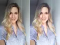 Uśmiechnięta blondynka w paski, pokazująca jak zrobić idealne selfie. Dwa ujęcia tej samej dziewczyny, lekko różniące się kątem.