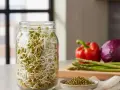 Un bocal rempli de pousses de haricots mungo, parfaites pour savoir quelles graines faire germer pour manger. Légumes frais en arrière-plan.