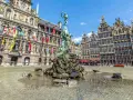 The Brabo Fountain in Antwerp's Grote Markt, a perfect stop after a trein from Schiphol.