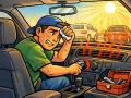 Sweaty man in a hot car, trying to fix the car AC not blowing cold air. Heat waves rise from the vents.