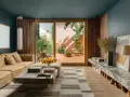 Ein langes, schmales Wohnzimmer mit beiger Couch, modernem Couchtisch und Teppich. Große Glastür führt in einen sonnigen Innenhof.