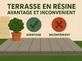 Illustration sur la terrasse en résine : avantage et inconvénient. Un arbre en pot, un symbole de coche verte et un symbole de croix rouge.