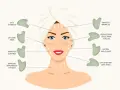 Gua sha wirkung: Illustration zeigt, wie Gua Sha die Augenbrauen hebt, Falten glättet und die Kieferpartie strafft.
