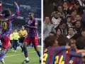 Ronaldinho i Eto'o świętują bramkę w El Clásico 2005. Kibice Realu Madryt w tle.