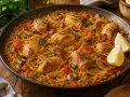 Fideuà de pollo en paellera, con trozos de pimiento rojo y verde, y gajos de limón.
