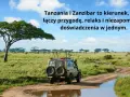 Safari w Tanzanii i na Zanzibarze: terenowe auto na drodze przez sawannę pod akacjami, zapowiedź przygody.