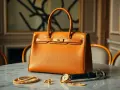 Un articolo di Hermès: borsa arancione in pelle, orologio, bracciale d'oro e orecchini su un tavolo di marmo.