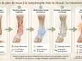 Schéma expliquant le passage de la gale de boue à la lymphangite chez le cheval : peau humide, inflammation, œdème, stagnation lymphatique, puis gonflement et douleur.