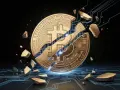 Złoty symbol Bitcoina rozpadający się na kawałki na tle cyfrowych obwodów.