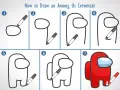Steg-för-steg-guide för att rita en Among Us-karaktär. Börja med en oval, lägg till ben och en visir. Färdigställ med en röd färg.