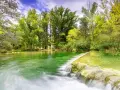 La poza de doña urraca, un remanso de agua verde esmeralda con una pequeña cascada, rodeada de frondosa vegetación y árboles altos bajo un cielo azul.