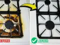 Before and after comparison showing how to clean stove top. The left side is dirty, the right side is sparkling clean.