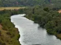 El río serpentea a través del parque fluvial de Zorita de los Canes, rodeado de exuberante vegetación y colinas boscosas.