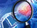 Badanie mózgu pod lupą, ukazujące jego strukturę i potencjalne problemy, jak katatonia. W tle widoczne helisy DNA.