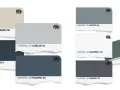 Färgprover i olika grå och blå nyanser, inklusive en djup paynes gray.