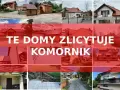 Kolaż zdjęć domów z napisem "TE DOMY ZLICYTOWUJE KOMORNIK". Okazja do zakupu nieruchomości na licytacja komornicza.