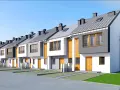 Nowoczesny dom szeregowy z białymi i szarymi elewacjami, drewnianymi elementami i dużymi oknami.
