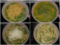 Preparazione di pasta e piselli in padella: la pasta viene aggiunta ai piselli e cubetti di prosciutto, poi cotta e infine condita con formaggio grattugiato.