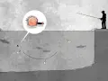 Illustration einer fliegenfischen montage: Ein Angler wirft eine Fliege, die im Detail gezeigt wird, ins Wasser, wo Fische schwimmen.