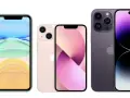 Trzy modele iPhone'ów: zielony iPhone 11, różowy iPhone 13 i fioletowy iPhone 14 Pro. Jaki jest najnowszy iPhone? To ten fioletowy!
