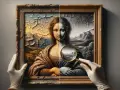 Mona Lisa divisée en deux, couleur et noir et blanc, sous une loupe. Une œuvre d'art, une huile sur toile, examinée avec soin.