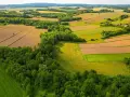 Widok z lotu ptaka na pola uprawne i lasy. Cienie drzew wskazują, jak sprawdzić nasłonecznienie działki.