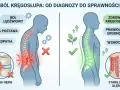 Ilustracja pokazuje, jak dyskopatia kręgosłupa prowadzi do bólu i złej postawy, w przeciwieństwie do zdrowego kręgosłupa dzięki ergonomii i wzmocnieniu.