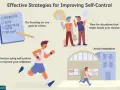 Illustration shows strategies for self-control, like exercise and planning, to combat the lack of discipline often seen with temptations like sales.