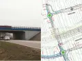 Most drogowy i plan węzła autostradowego.