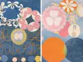Två målningar av hilma af klint. Vänstra sidan visar blommor och orangea former på blå bakgrund. Högra sidan har cirklar i olika färger.