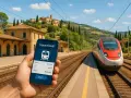Chcesz wiedzieć, jak kupić bilet na pociąg we Włoszech? Na ekranie telefonu widzisz aplikację z trasą Florencja-Rzym i ceną 25 euro.